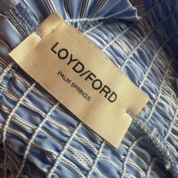 Loyd/Ford Blue White Stripe Midi Dress Strapless 100% Cotton Size Medium Women's - Picture 12 of 13